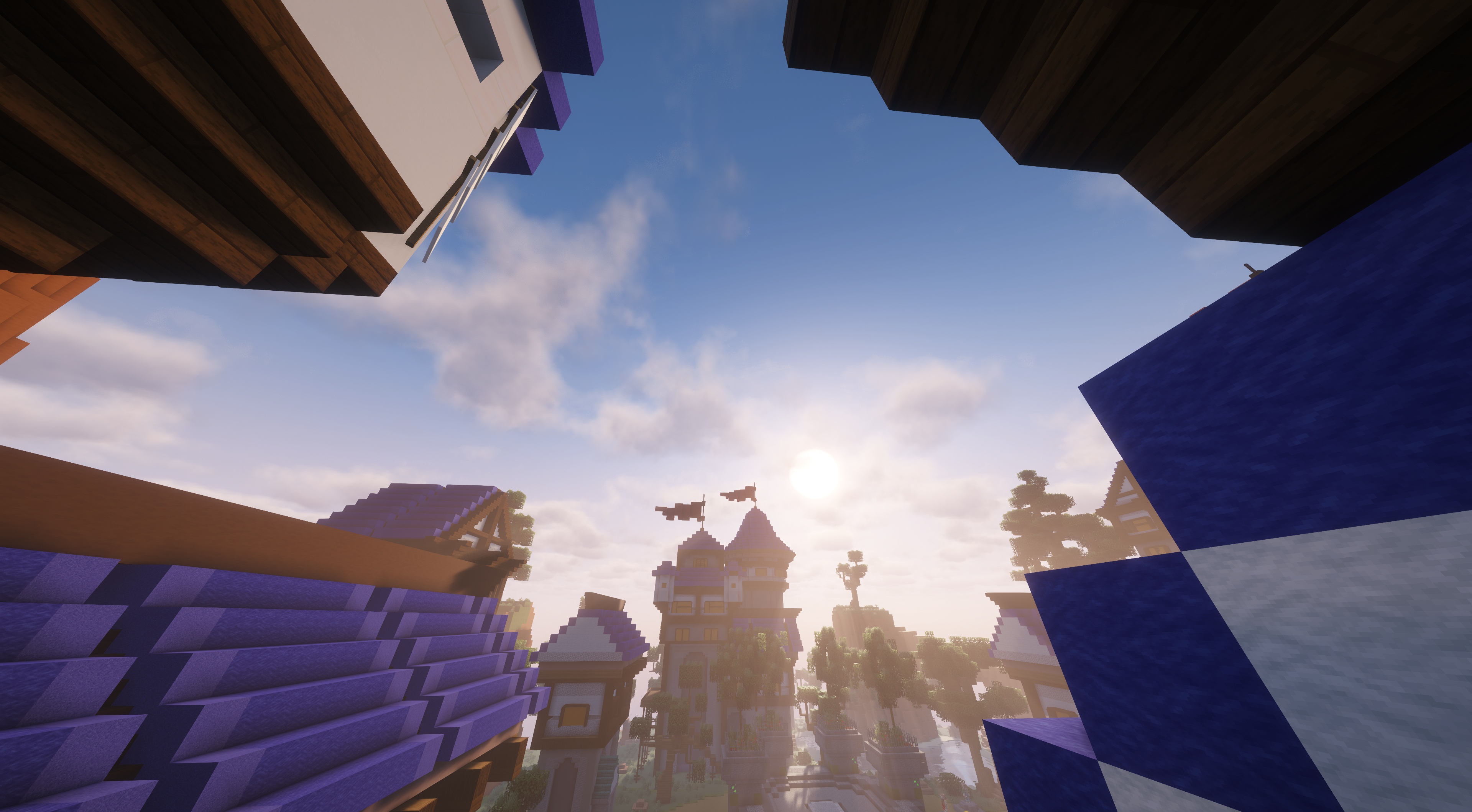 SideProjectMC Minecraft server spawn viewed between the rooftops